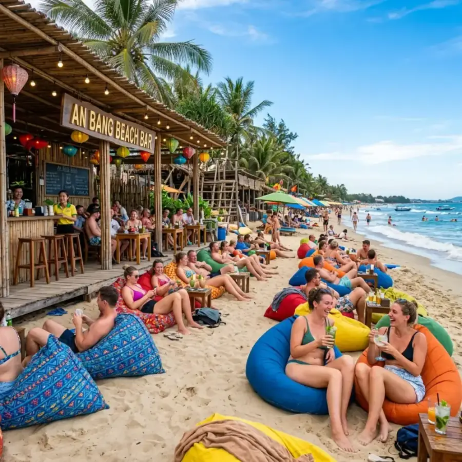 Hàng dừa xanh nghiêng bóng bên bờ cát trắng phau và làn nước biển phẳng lặng như gương tại bãi biển Hà My