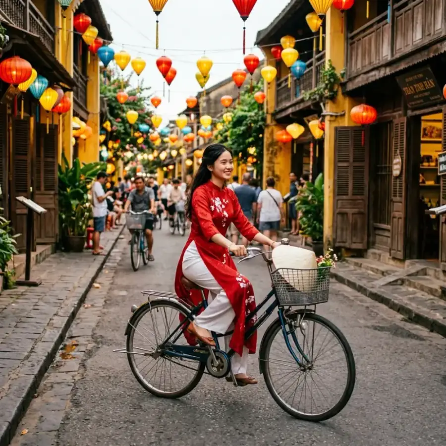 Thiếu nữ đạp xe đạp dạo bước dưới vòm hoa giấy rực rỡ bên bức tường vàng cổ kính tại Hội An