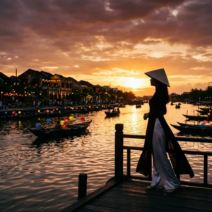 Thợ chụp ảnh ghi lại khoảnh khắc thiếu nữ diện áo dài thướt tha ngắm hoàng hôn bên bờ sông Hoài Hội An