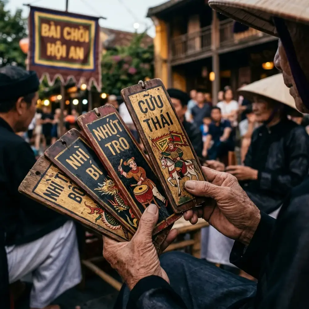 Những chiếc thẻ bài tre mộc mạc in hình mộc bản dân gian dùng trong trò chơi Bài Chòi Hội An