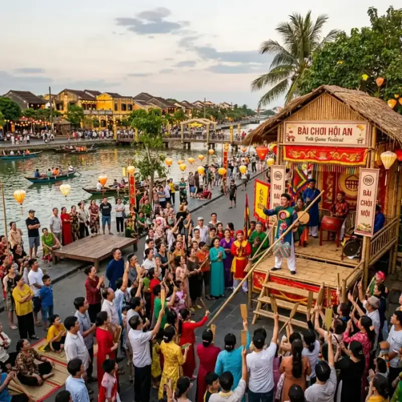 Khán giả vây quanh sân bài chòi theo dõi ván đấu buổi tối
