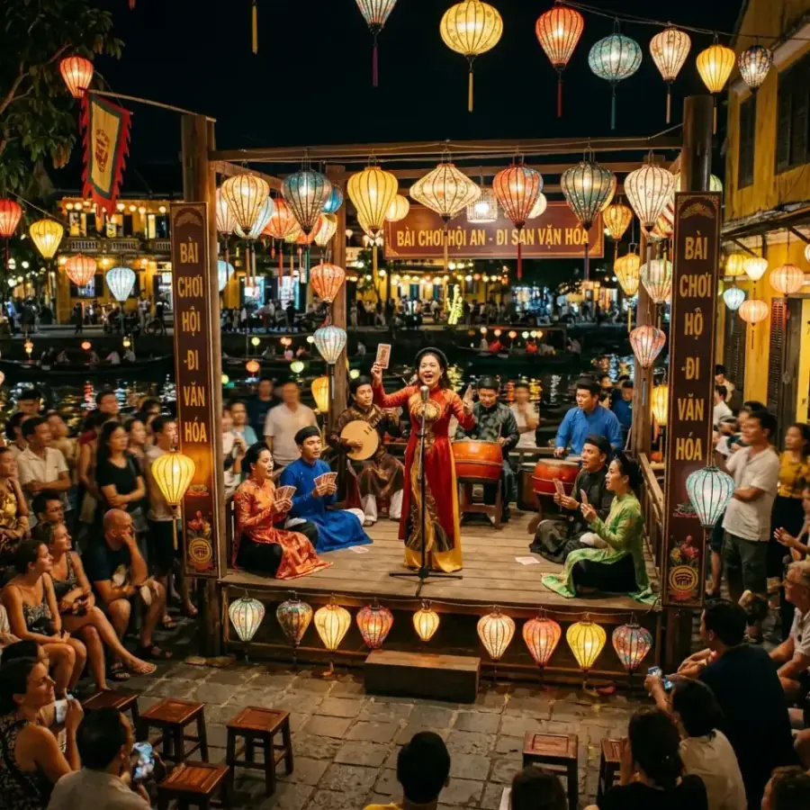 Đông đảo du khách hào hứng tham gia hội Bài Chòi bên bờ sông Hoài trong đêm hội phố cổ