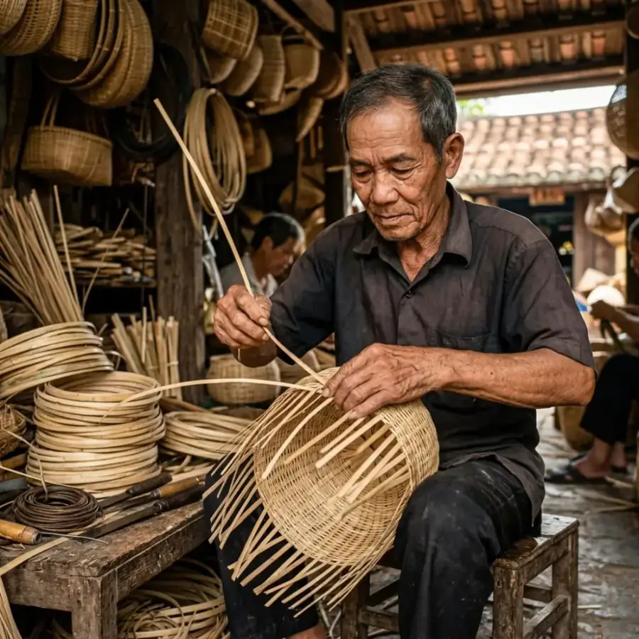 Nghệ nhân tỉ mỉ đan lát và chế tác các sản phẩm thủ công tinh xảo từ tre ngà tại xưởng Cẩm Thanh
