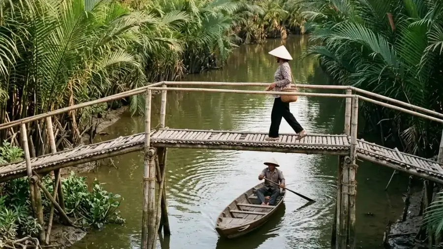 Cây cầu tre bắc ngang lạch nước trong khu rừng dừa Bảy Mẫu