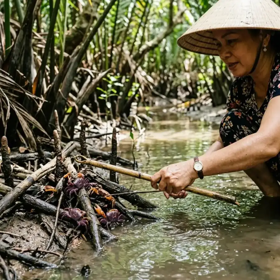Người chèo thúng hướng dẫn khách thử câu cua trong rừng dừa