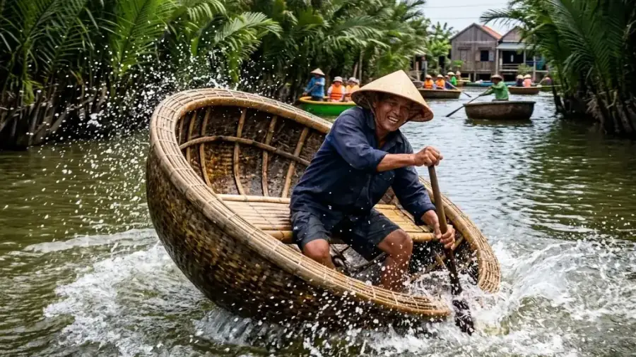 Màn múa thúng xoay tròn trên mặt nước giữa rừng dừa