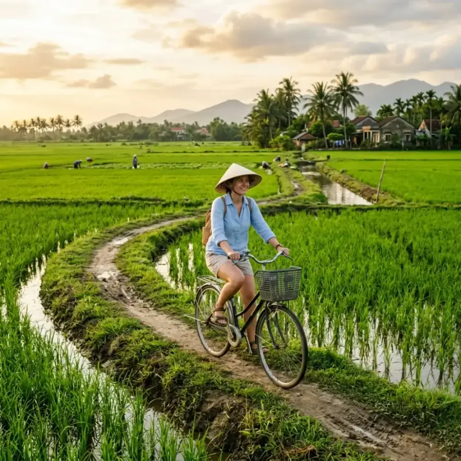 Con đường cầu gỗ uốn lượn xuyên qua cánh đồng lúa xanh mướt tại quán cafe view lúa Hội An