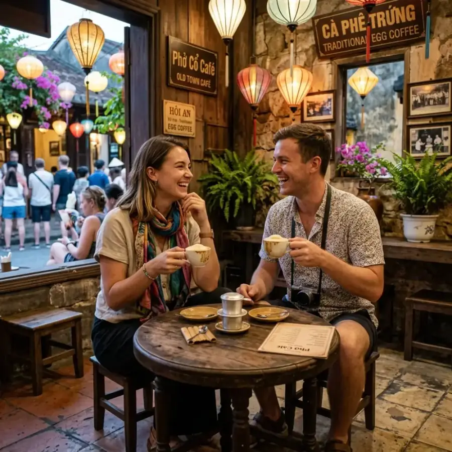 Cặp đôi thưởng thức tiệc trà chiều sang trọng với tháp bánh ngọt tại resort 5 sao Hội An
