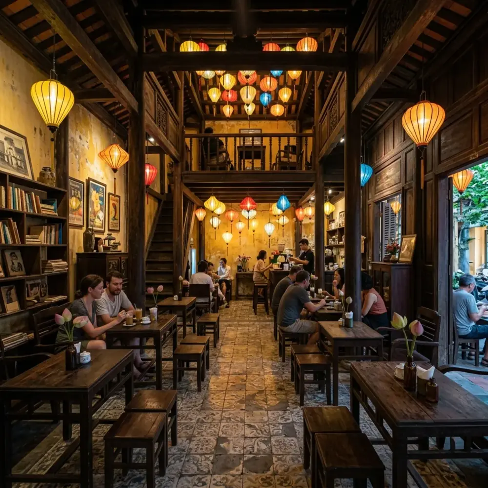 Không gian làm việc yên tĩnh với bàn ghế gỗ rộng rãi và ánh sáng tự nhiên tại quán cafe Đà Nẵng