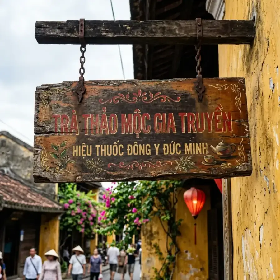 Bảng hiệu gỗ phong cách hoài cổ và góc tường vàng rực rỡ đặc trưng của quán cafe Hội An