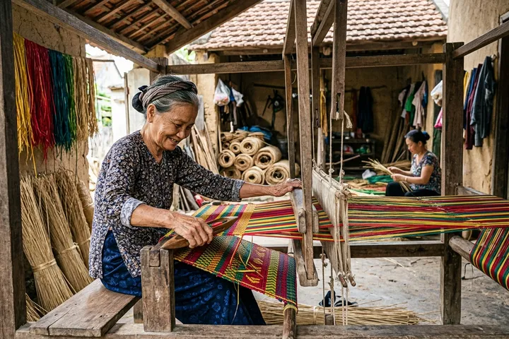 Nghệ nhân làng Cẩm Nê thao tác nhịp nhàng bên khung cửi dệt chiếu hoa truyền thống