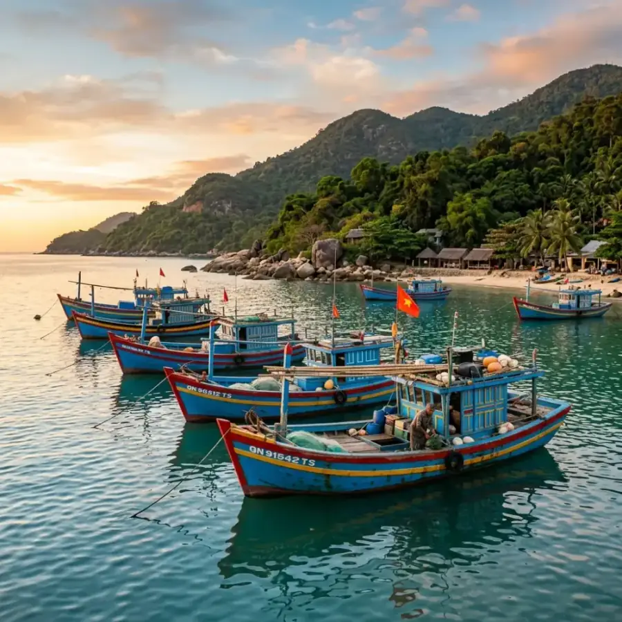 Những chiếc thuyền thúng neo đậu bình yên bên bãi biển hoang sơ của bán đảo Sơn Trà Đà Nẵng