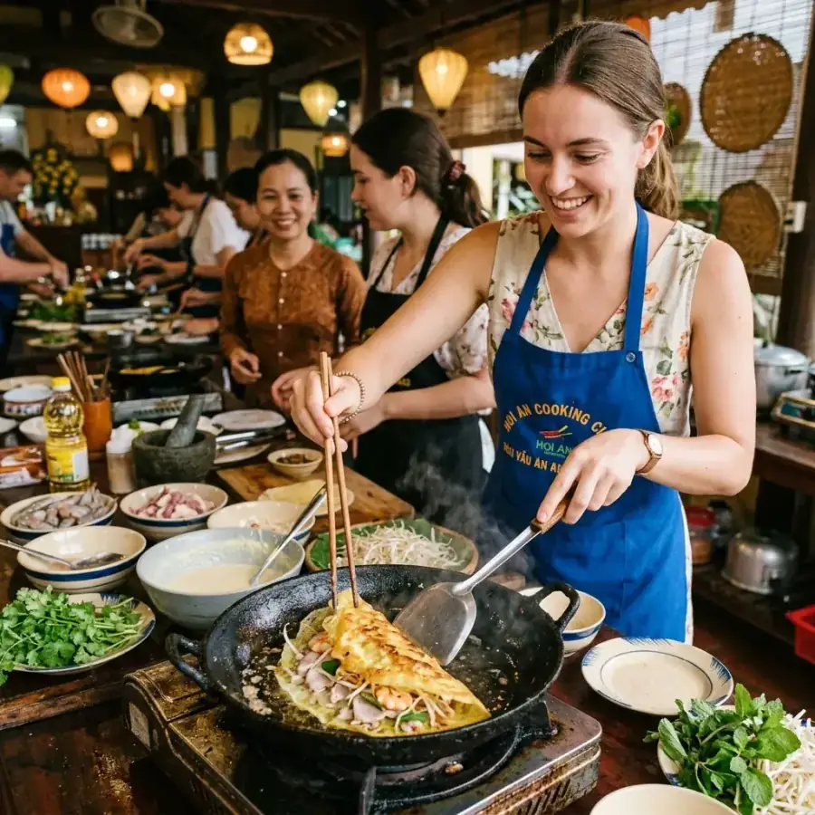 Bánh xèo giòn rụm và thịt nướng xiên que đặc sản Hội An