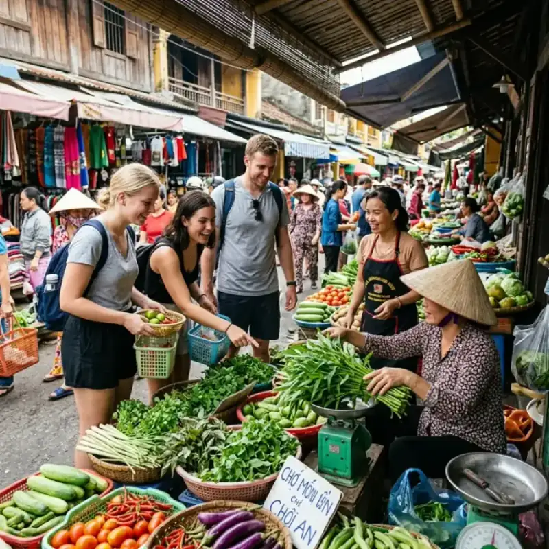 Du khách nước ngoài hào hứng khám phá không gian mua sắm và thưởng thức ẩm thực truyền thống tại chợ Hàn