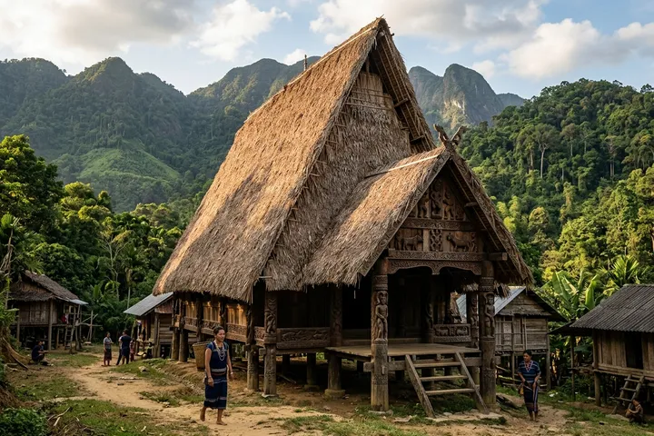 Ngôi nhà Gươl truyền thống bằng gỗ mộc uy nghiêm với các cột chạm khắc đầu trâu tại Làng Bhơ Hôồng