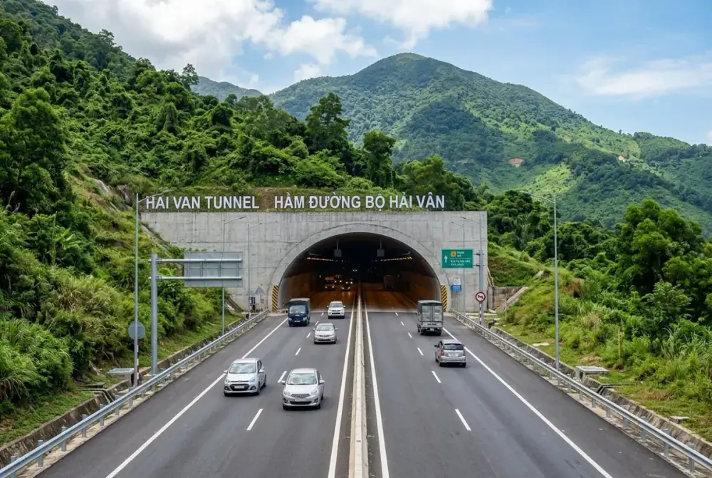 Cửa hầm đường bộ Hải Vân tuyến đường an toàn cho xe từ sân bay Đà Nẵng đi Huế mùa mưa bão