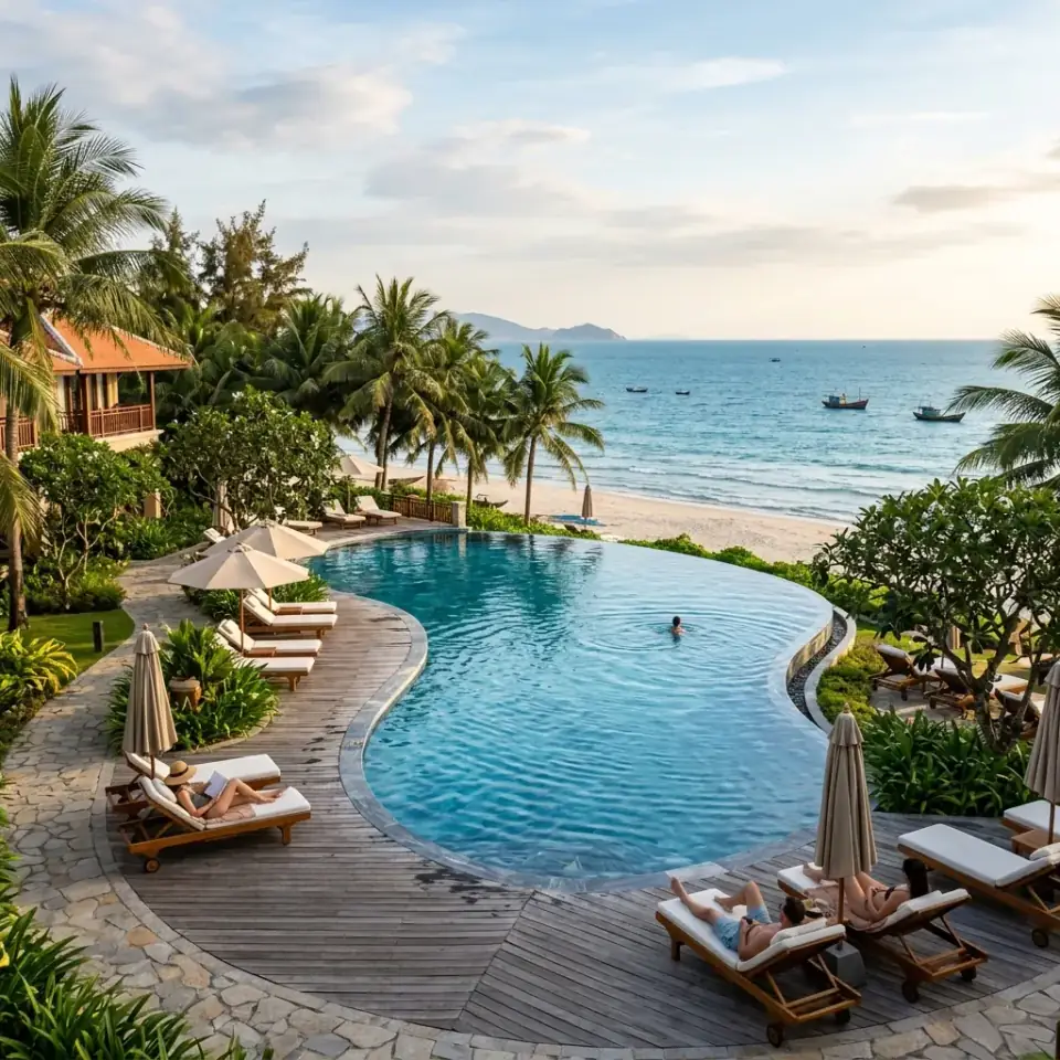 Không gian resort nghỉ dưỡng ven biển rợp bóng dừa lý tưởng cho gia đình tại Hội An