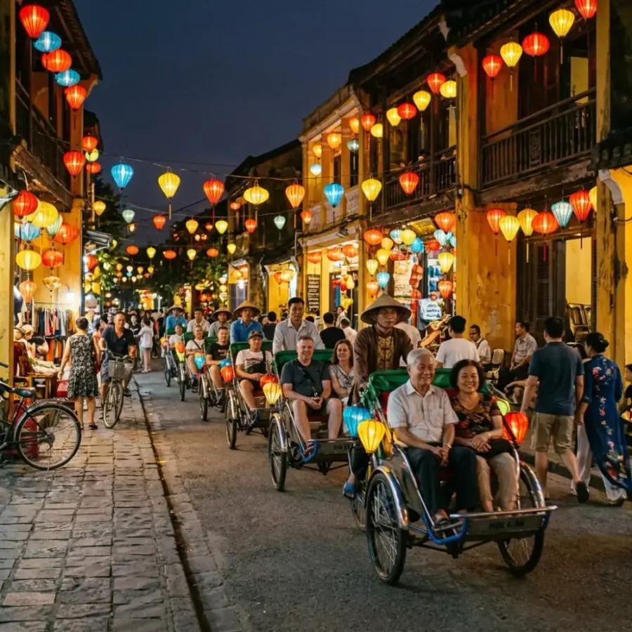 Xích lô chờ khách dưới ánh đèn lồng phố cổ Hội An buổi tối