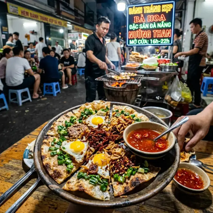 Đĩa bánh tráng kẹp pate nướng giòn rụm chấm nước sốt bò khô me cay ngọt tại quán ăn vặt Đà Nẵng