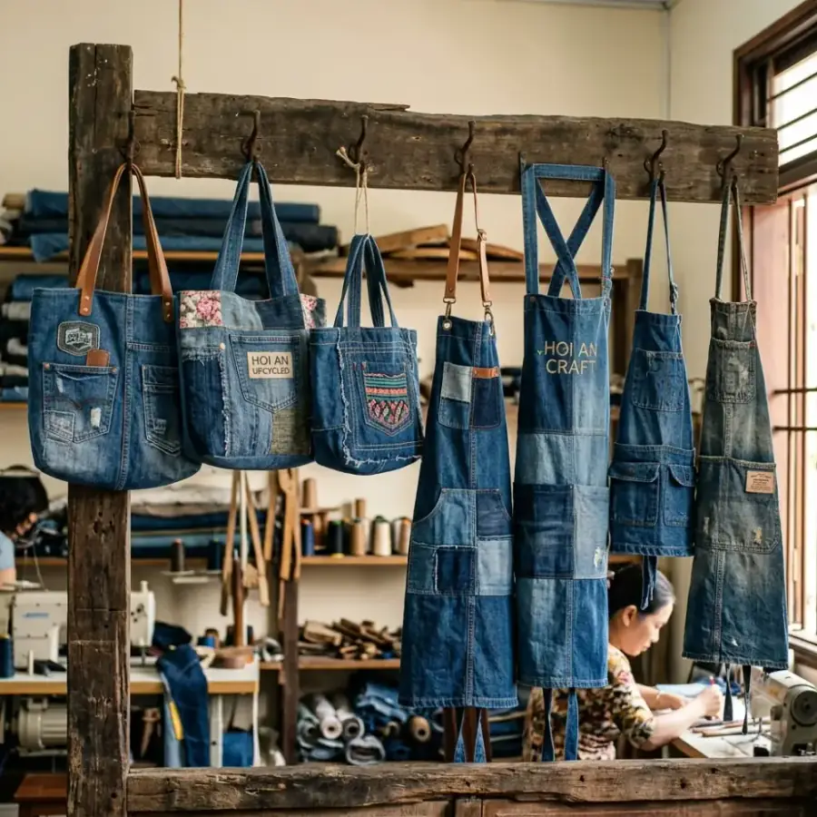 Bộ sưu tập túi xách và balo tái chế từ chất liệu denim độc đáo tại xưởng nghệ thuật xanh Hội An