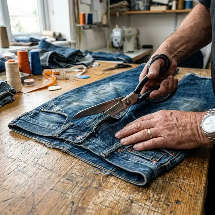 Du khách tự tay cắt may và tái chế chiếc quần jean cũ thành túi xách thời trang tại xưởng Hội An