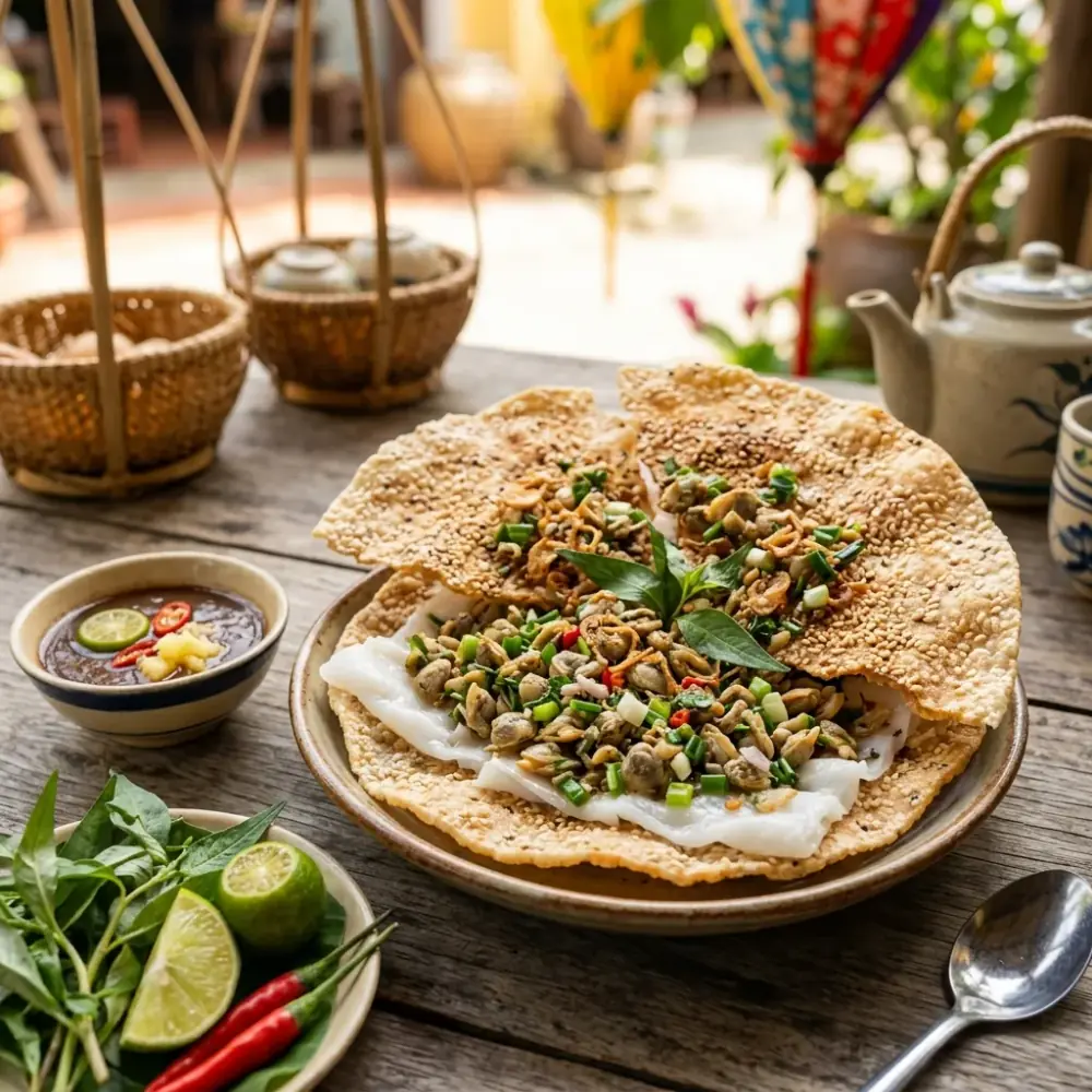 Đĩa hến xào hành răm thơm lừng ăn kèm bánh tráng nướng giòn rụm và đĩa bánh đập chấm mắm nêm
