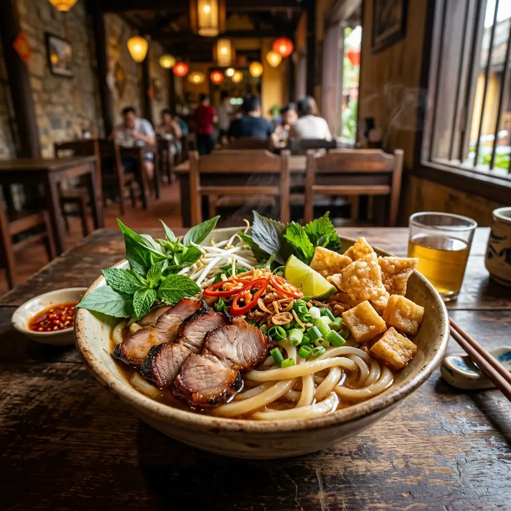 Khung cảnh nhộn nhịp tấp nập của du khách thưởng thức ẩm thực đường phố tại Chợ đêm Nguyễn Hoàng Hội An