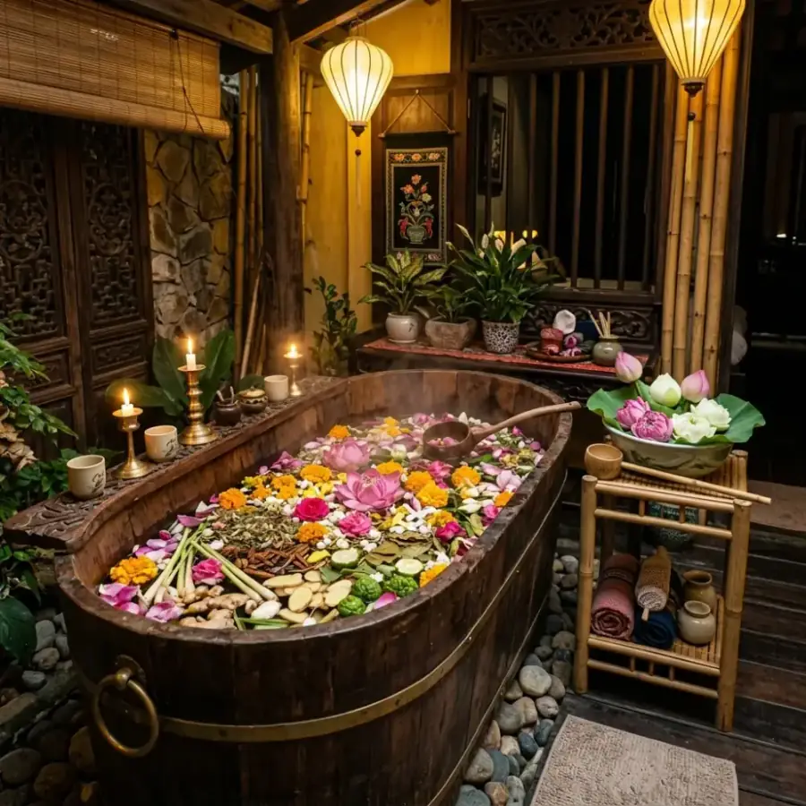Bồn ngâm gỗ chứa nước thảo dược ngập tràn cánh hoa tươi thơm ngát tại spa Hội An