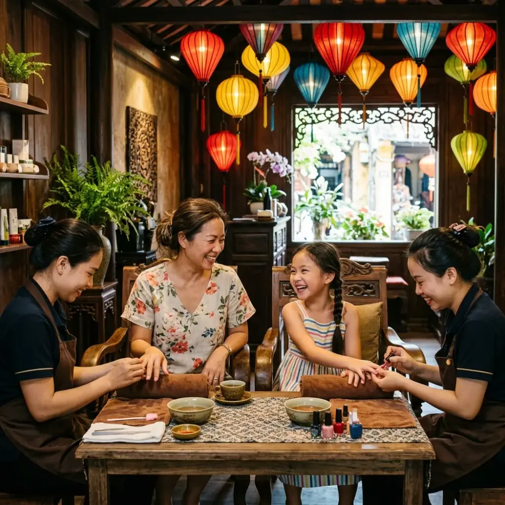 Khách hàng nằm thư giãn đón nhận năng lượng sóng âm chuông xoay chữa lành tại Hội An