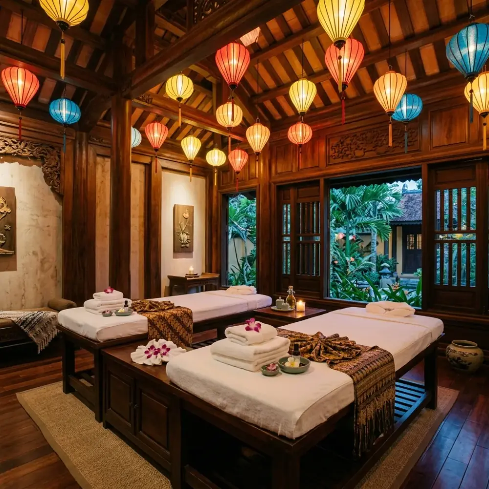 Không gian phòng trị liệu spa ấm cúng tràn ngập hương thơm thảo mộc và ánh đèn vàng dịu nhẹ tại Hội An