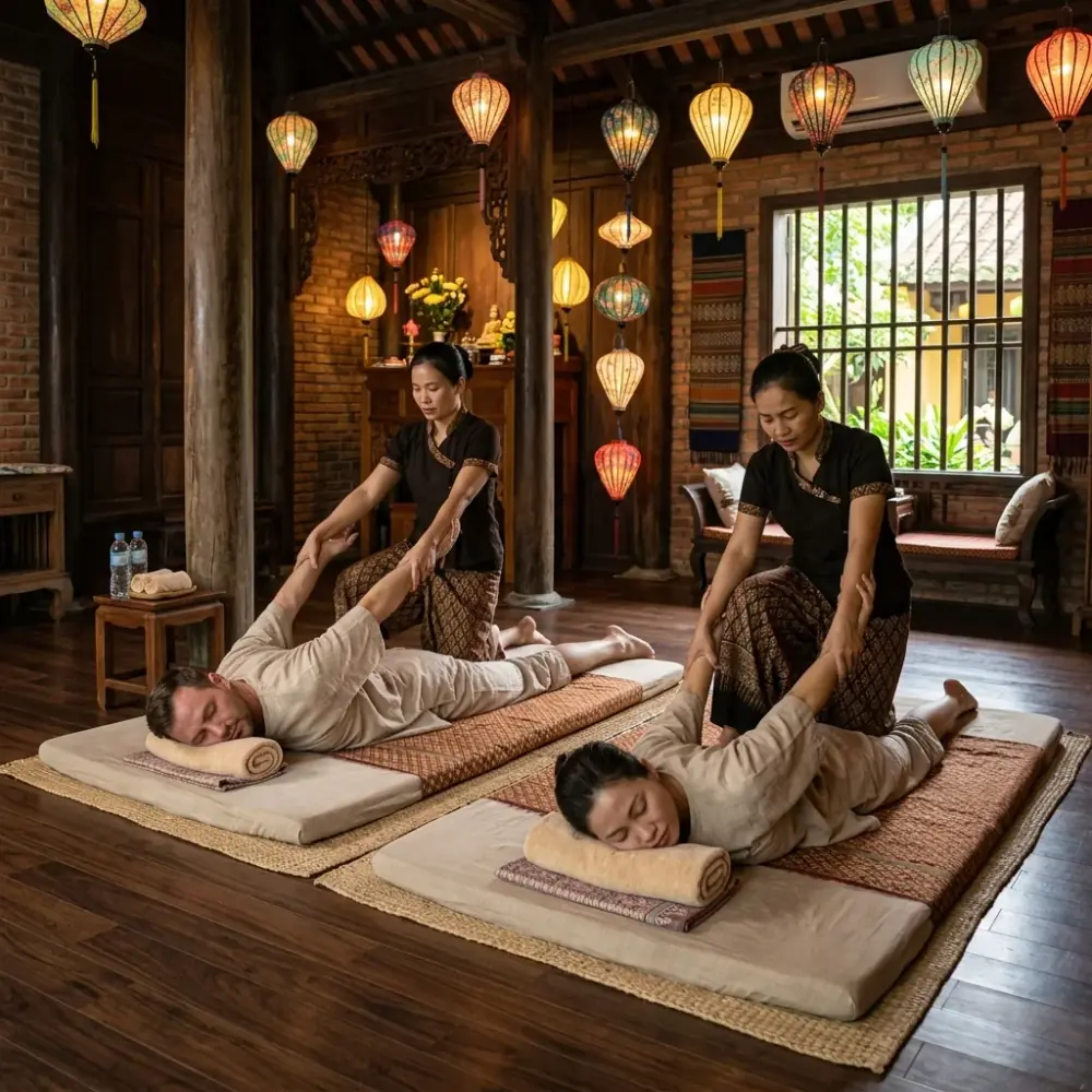 Kỹ thuật viên massage chân tận tâm day ấn huyệt đạo bắp chân và lòng bàn chân cho du khách