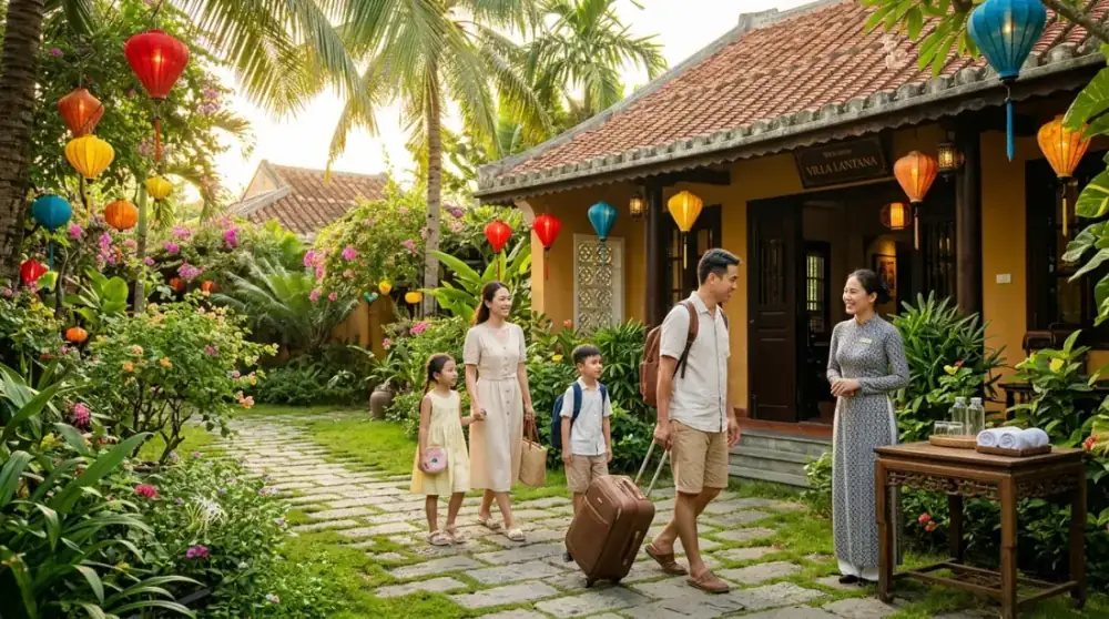 Gia đình check-in villa nghỉ dưỡng sân vườn yên bình tại Hội An