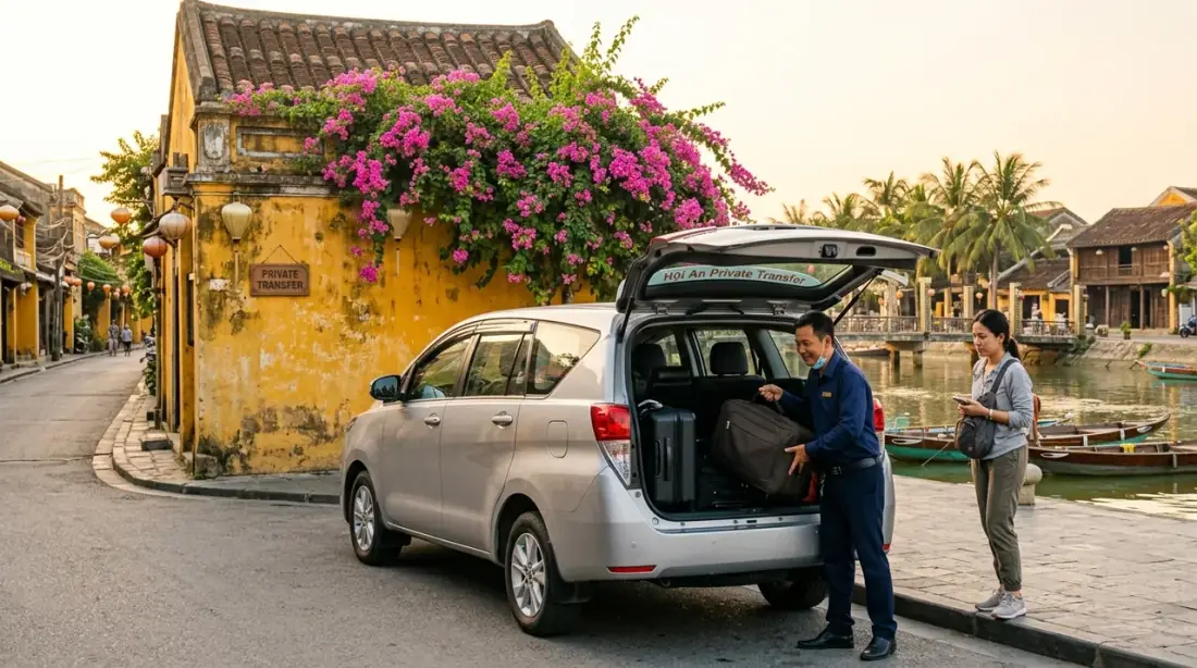 Tài xế hỗ trợ hành lý cho khách xuất phát từ phố cổ Hội An ra sân bay Đà Nẵng