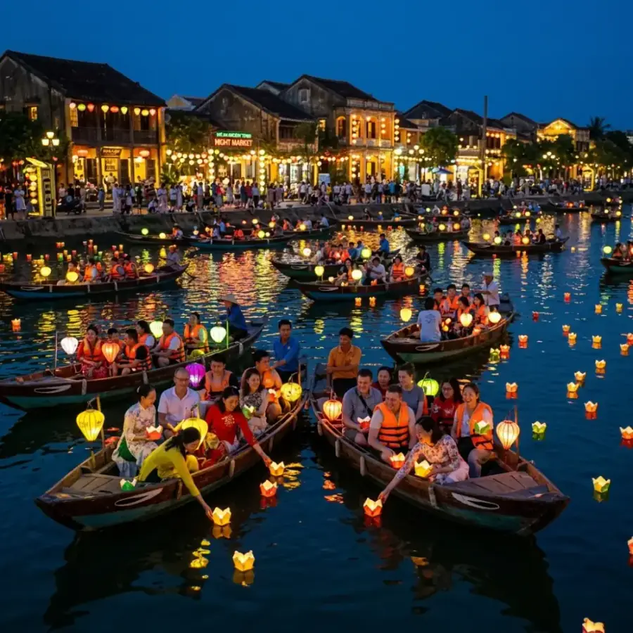 Hàng vạn ánh đèn lồng rực rỡ sắc màu thắp sáng hai bên bờ sông Hoài lung linh về đêm tại Hội An