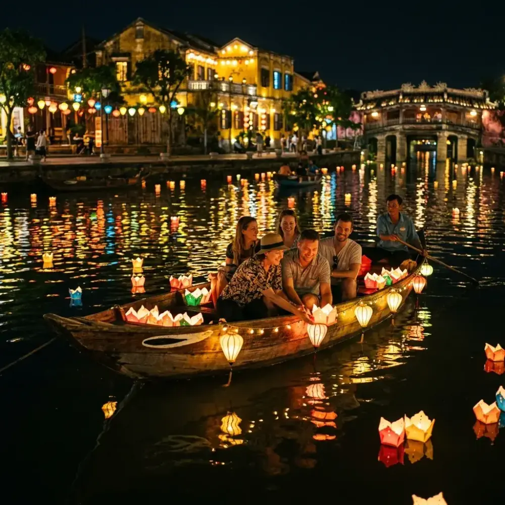 Thuyền chở đèn lồng và hoa đăng trên sông Hoài Hội An về đêm