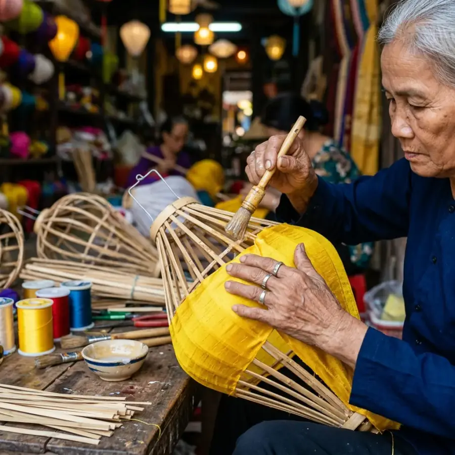 Người thợ căng và dán lụa lên từng múi khung tre của chiếc đèn lồng