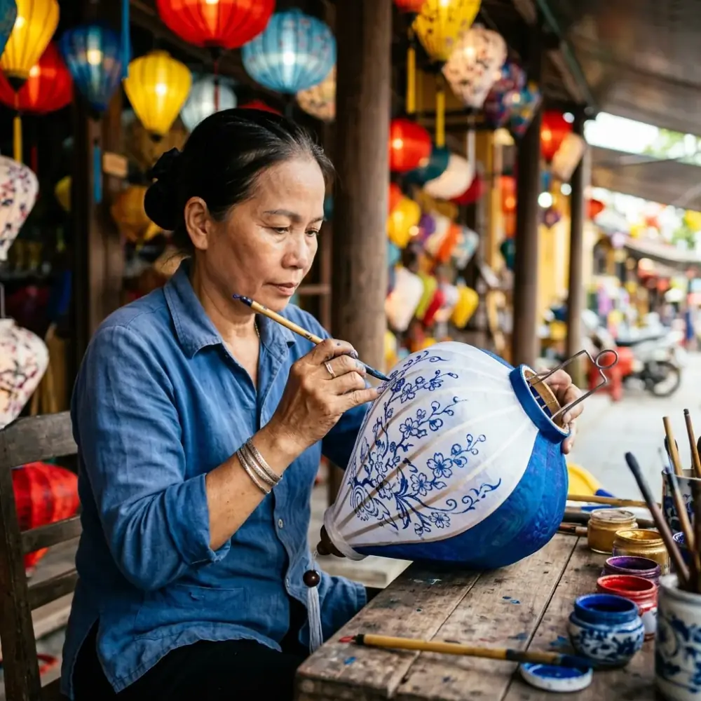 Du khách vẽ hoa văn trang trí lên mặt vải chiếc đèn lồng vừa hoàn thiện