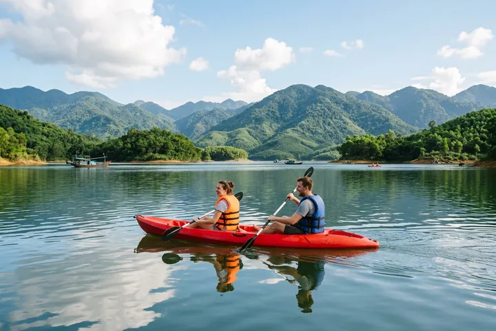 Du khách chèo kayak trên mặt hồ nước mênh mông xanh ngắt tại khu du lịch sinh thái Hồ Phú Ninh