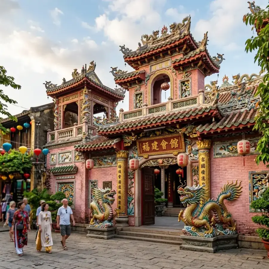 Tượng đài rồng đắp nổi bằng mảnh gốm sành men màu tinh xảo tại sân Hội quán Quảng Đông Hội An