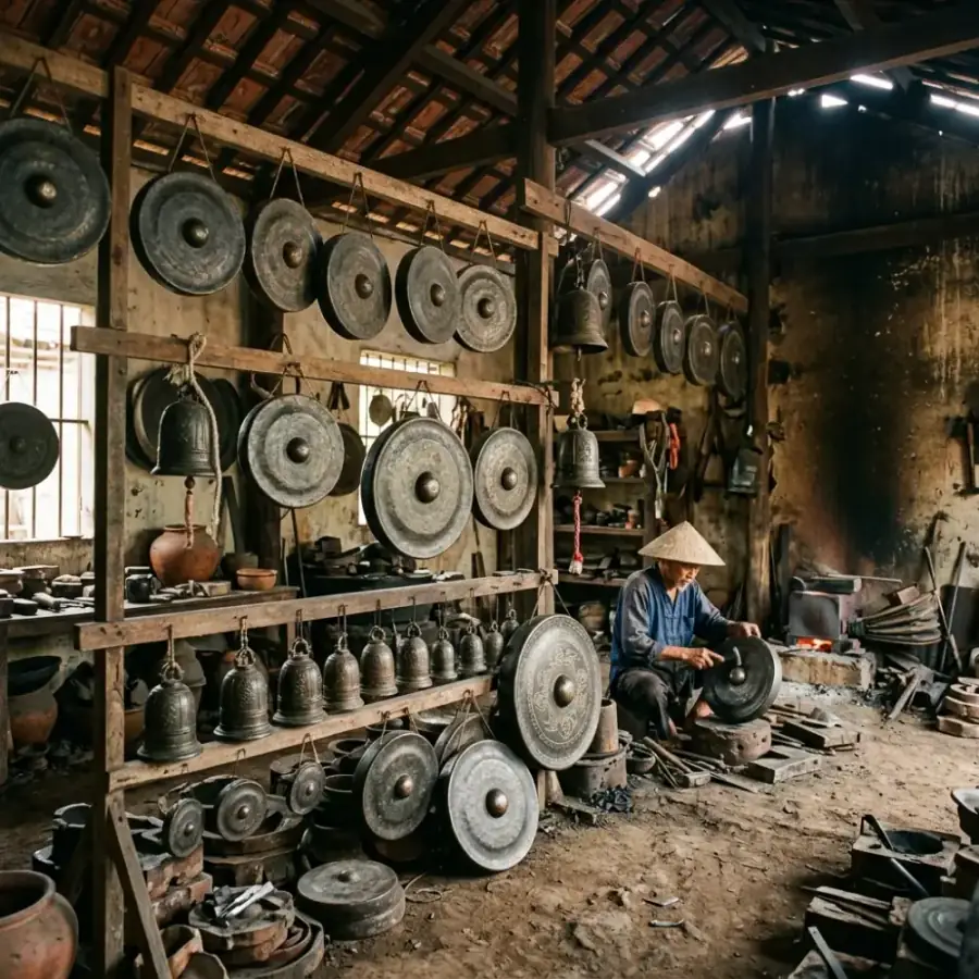 Bộ sưu tập cồng chiêng Tây Nguyên và các sản phẩm đồng mỹ nghệ gia truyền tại Làng đúc đồng Phước Kiều