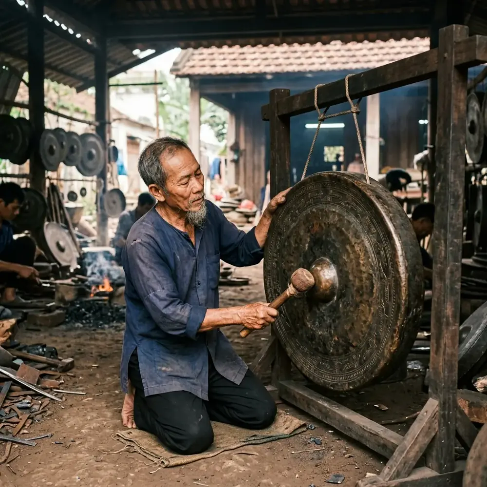 Nghệ nhân dùng dùi gõ thử và thẩm âm thanh vang vọng của chiếc chiêng đồng vừa hoàn thiện