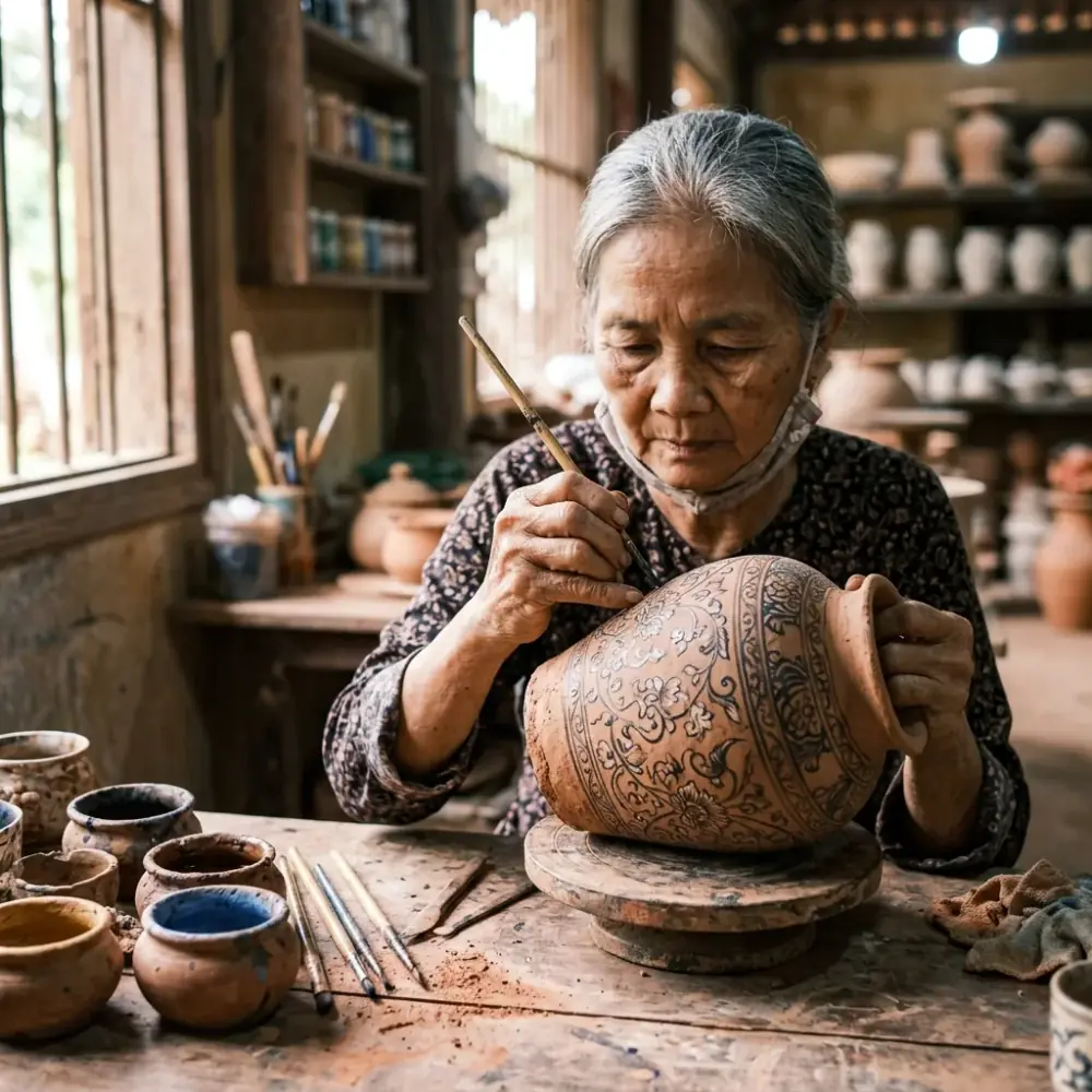Du khách tự tay vẽ hoa văn màu sắc trang trí lên bình gốm đất nung vừa hoàn thiện