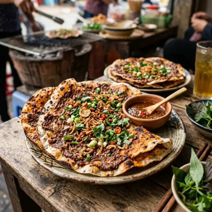 Chiếc bánh tráng mè nướng than củi vàng ươm giòn rụm bẻ đôi thơm nức mùi gừng mè tại Túy Loan