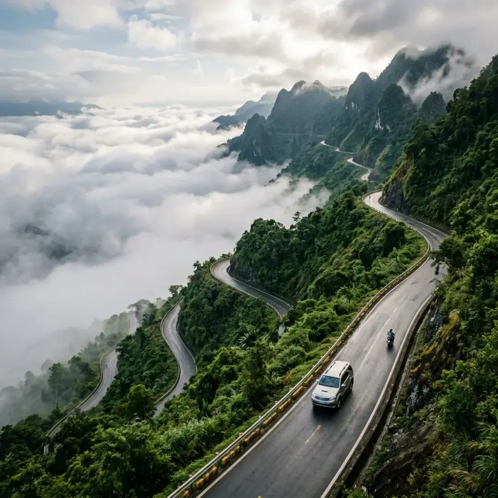 Cung đường đèo dẫn lên vương quốc rừng Pơmu Tây Giang quanh co giữa mây mù hoang sơ