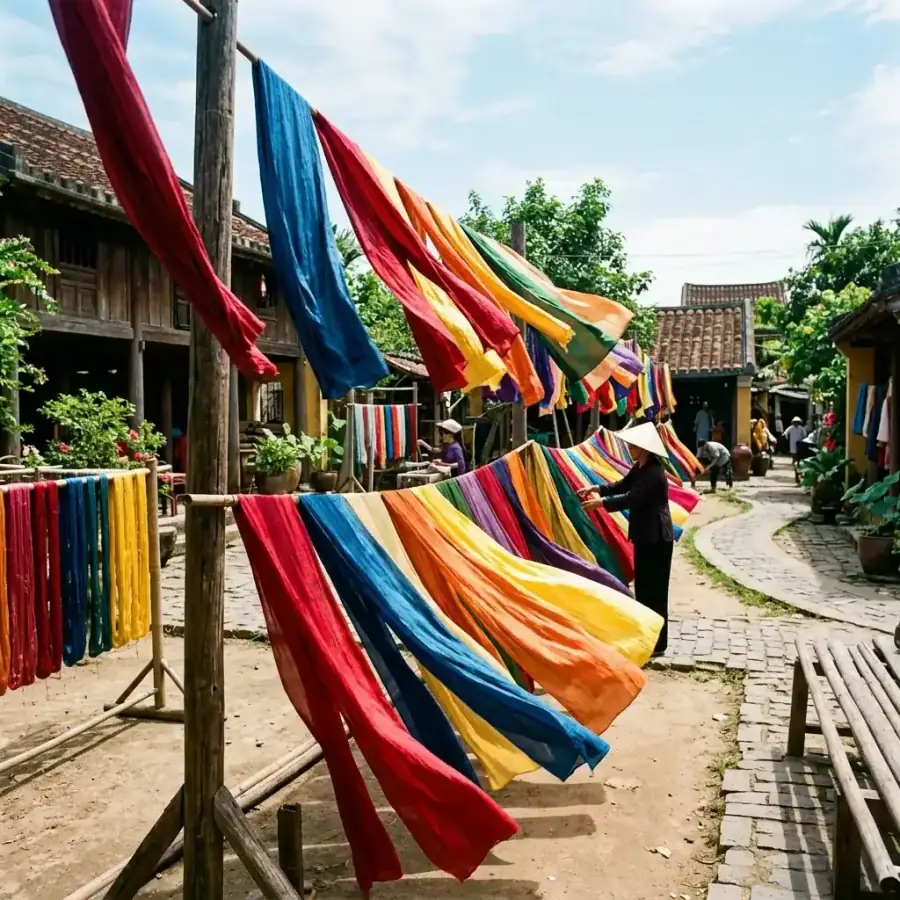 Những dải lụa tơ tằm sặc sỡ sắc màu được phơi bay bổng trong nắng sớm Hội An