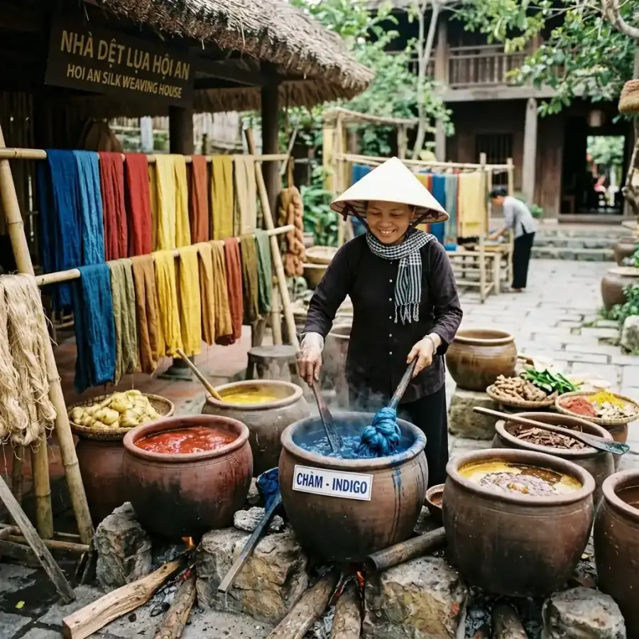 Nghệ nhân thực hiện công đoạn nhuộm màu sợi lụa bằng các loại thảo mộc tự nhiên