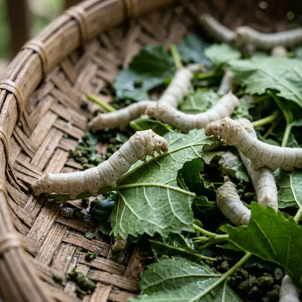 Những nong tằm ăn lá dâu xanh non đang trong giai đoạn nhả tơ kéo kén tại làng lụa