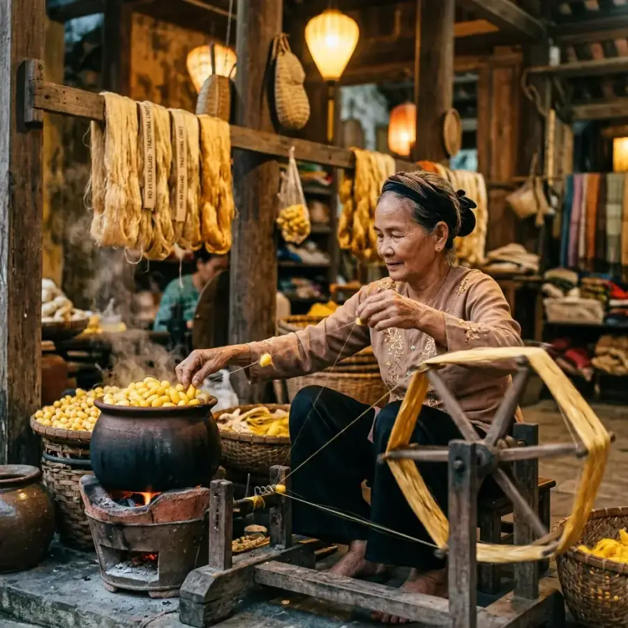 Nghệ nhân khéo léo quay guồng ươm tơ từ nồi nước sôi bốc khói nghi ngút