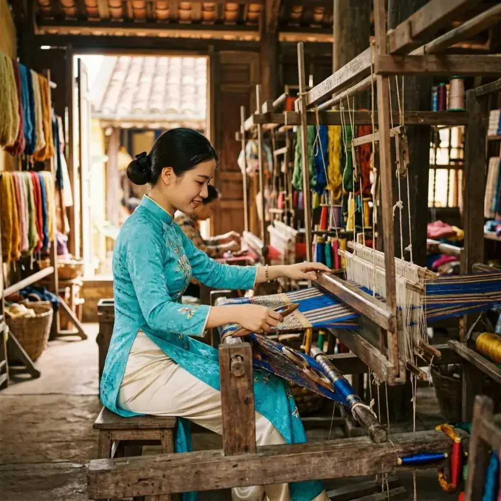 Thiếu nữ duyên dáng trong tà áo dài lụa tơ tằm Hội An mềm mại quý phái