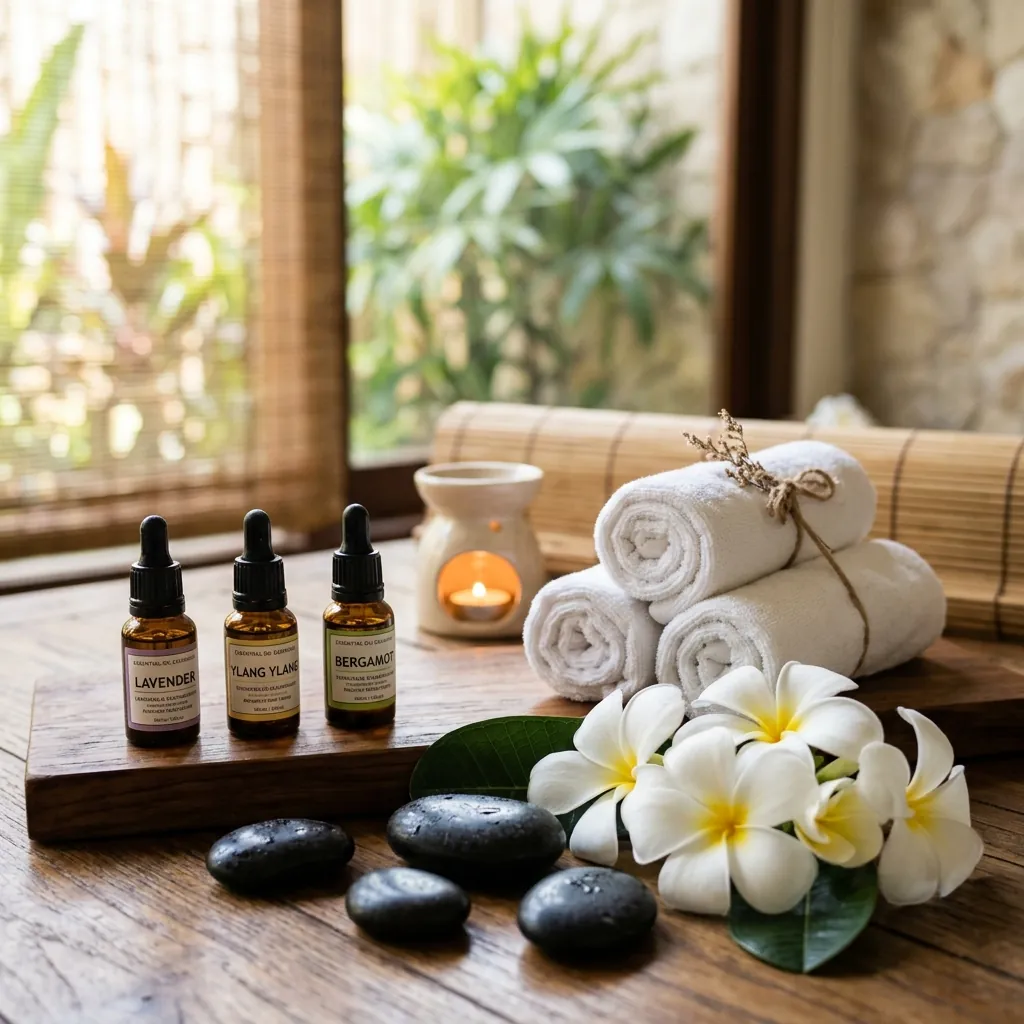 Bộ tinh dầu thảo mộc và nước lá bồ kết tự nhiên chuẩn bị cho liệu trình gội đầu dưỡng sinh tại Đà Nẵng